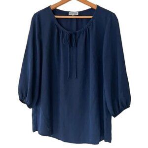 Anthropologie Pleione Blouse Women’s Size Small Navy Blue Tie Neckline Excellent